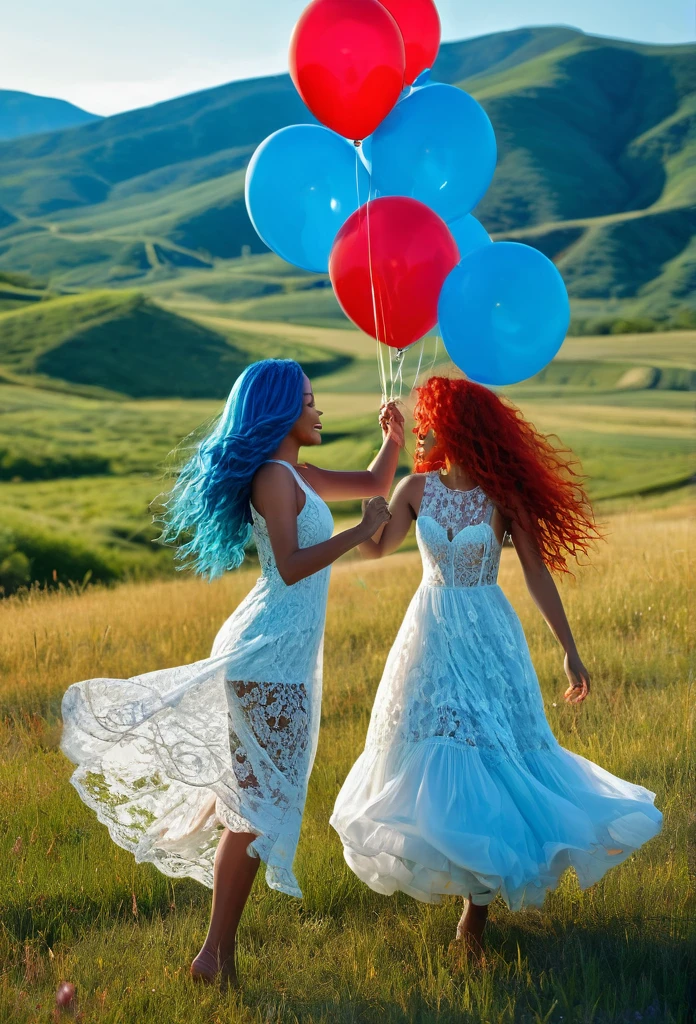 1 Beautiful biracial blue hair woman with 1 beautiful red head woman, dancing, extremely detailed full body, lace dress, in large valley, lot of ballons float around, 