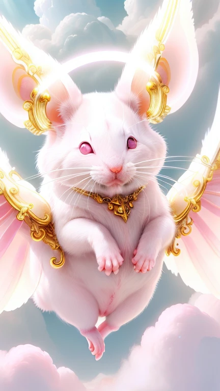 god々Cute white mouse１Animals、Aura of Pink,Looking into the camera、Look here、Background pink、Floating in the clouds