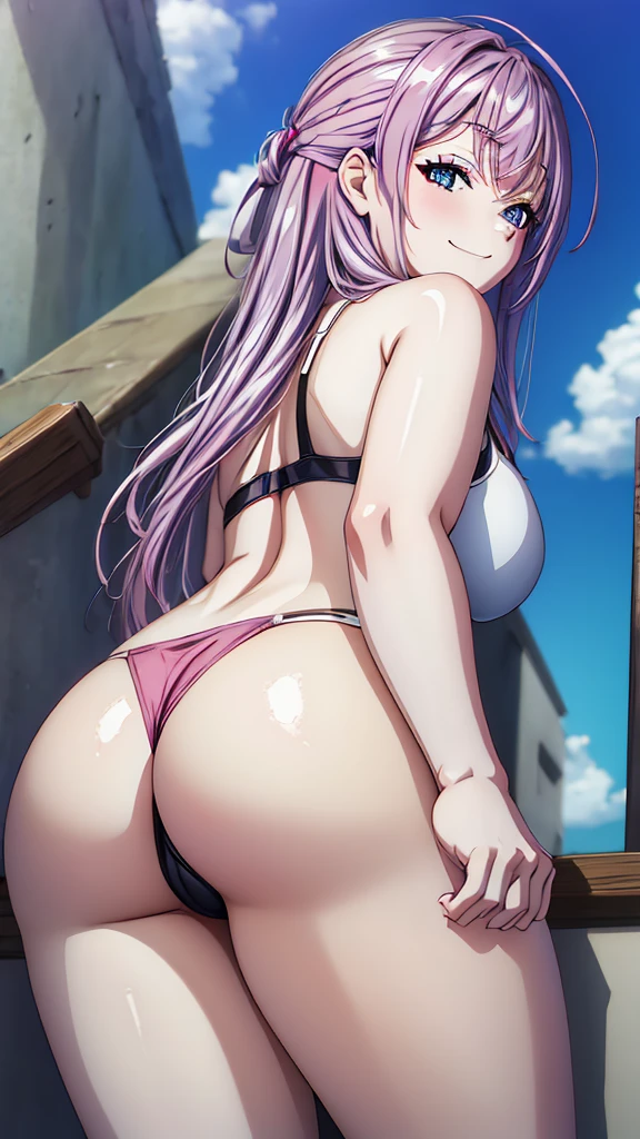 high resolution, ultra-sharp, 8k, Masterpiece,  alya, looking at the viewer, Photography from behind, thick ass, wearing pink thong, seductive smile, beautiful face, ashamed.