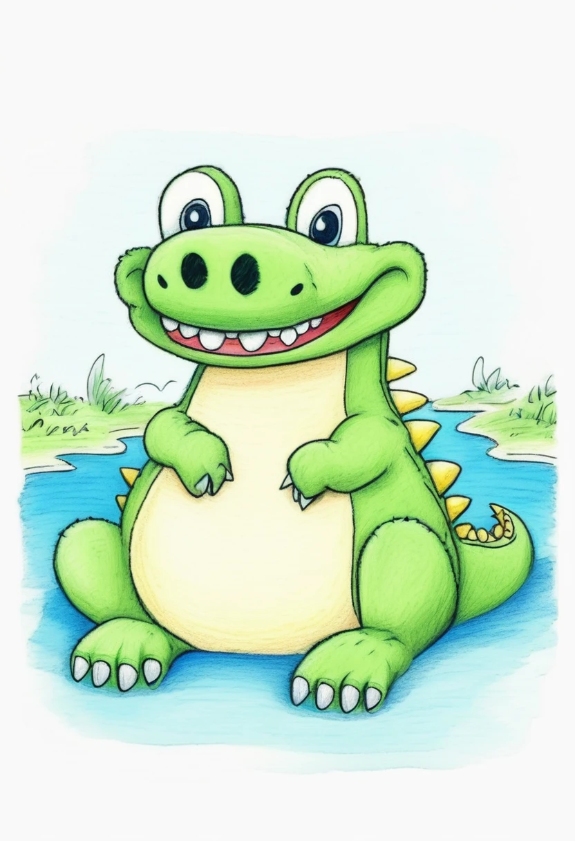 low quality, Children's Drawings, one crocodile, cute, (fluffy), (stuffed), blue, smiling, landscape, swim, White background