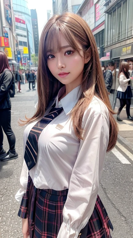 (8K, RAW Photos, Highest quality, masterpiece:1.2), (Realistic, photo-Realistic:1.4), (非常に詳細な 8K 壁紙), Sharp focus, Depth of written boundary, Boscinematic Lighting, Soft Light, 美しいAttention to detail目,shiny smooth light brown Long Bob Hair, Asymmetrical bangs, Shiny skin, High resolution, Attention to detail, Detailed hairstyle, Detailed face, hyper Realistic, Perfect limbs, Perfect Anatomy ,1 Japanese girl,Famous Japanese Idols, Perfect female body, Large Breasts,smile,short eyelashes,double eyelid,Long Bob Hair, (Schoolgirl Uniform : 1.3), View your viewers, (Crowded street:1.3),Cowboy Shot