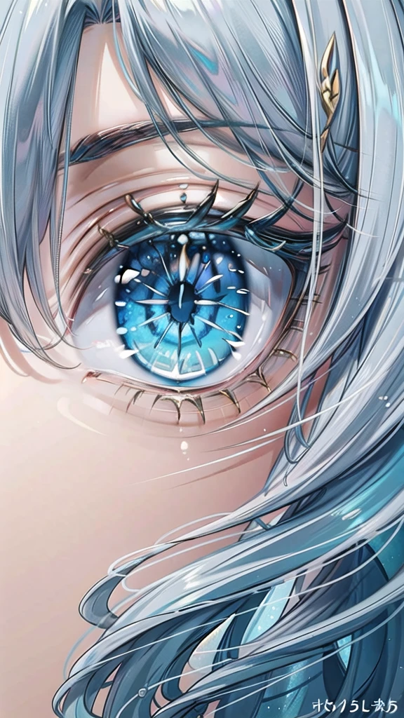 (masterpiece, best quality:1.4), A beautiful woman with long, silver hair that flows gracefully down her back. Her hair features striking inner highlights of vibrant turquoise, adding a touch of uniqueness and charm. The detailed rendering captures the shimmering silver and the bright, contrasting turquoise strands, creating a mesmerizing effect.(top quality eyes),  ocean blue eyes that reflect the light, giving them a luminescent glow. Her eyes have a captivating depth, with a hint of gold around the pupil