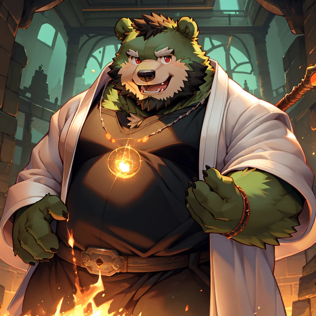 anthro, kemono, male, solo, ((round face, very plump face, thick beard)), (((dark beard))), ((endomorph body type, old-aged)), ((green bear, bear) fluffy fur, fluffy), (at old ruin, dungeons), bokeh, (high quality, highres, masterpiece), (dynamic lighting, vivid color), (generous smile), (face focus), front view (close up), cartoon, (((green bear))), (((green fur))), green hair, beard, white eyebrows, bald, detailed red eyes, tall, steel mage staff, magic, (black t-shirt inside), (((white robe coat unhood))), by zixiong, by takemoto arashi, by zixiong, (by null-ghost:0.8), (by t.y.stars:0.4),