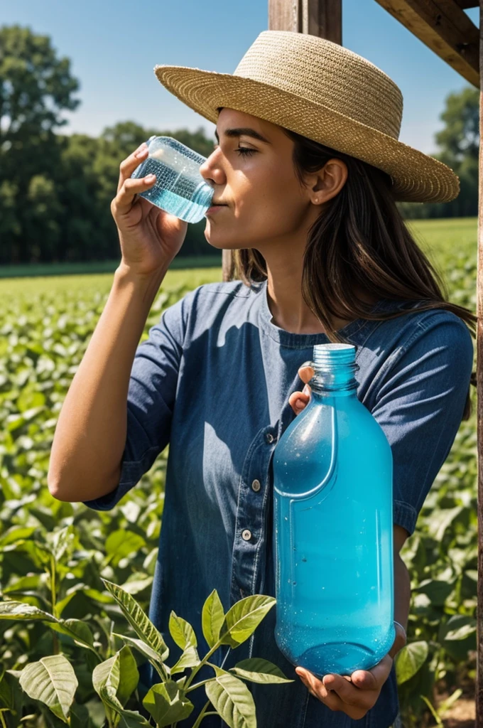 A farmer drinking water from a bottle in the sun