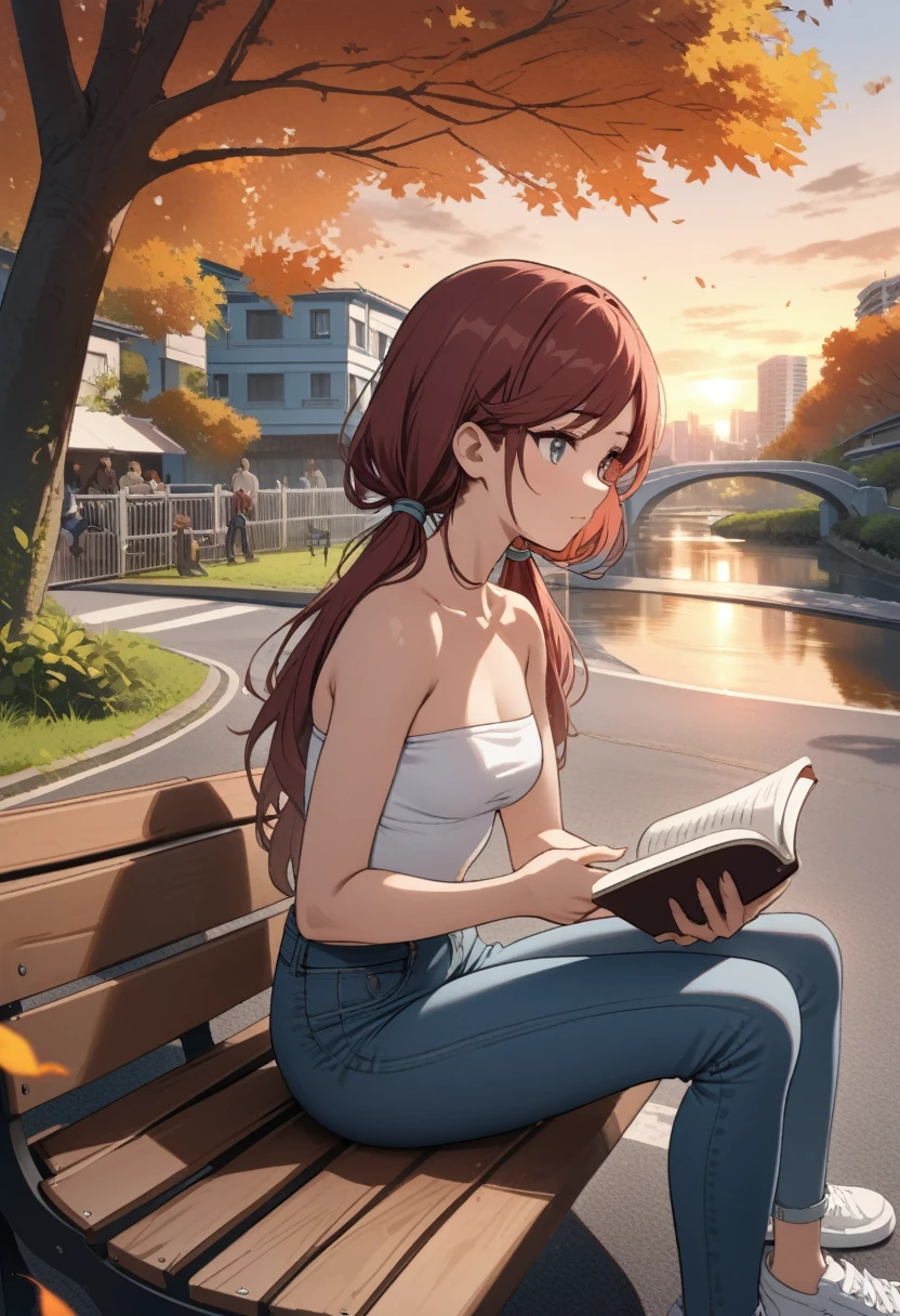 Best quality, masterpiece, from side, stoic young woman with gray eyes sitting on bench and reading book, dark red hair in low twin tails, swept bangs, strapless white shirt, jeans, satchel, toned arms, small breasts, creek, outdoors, autumn, sunrise, tropical, clouds,teal buildings, white steps, fence, road, people in background, falling leaves, 