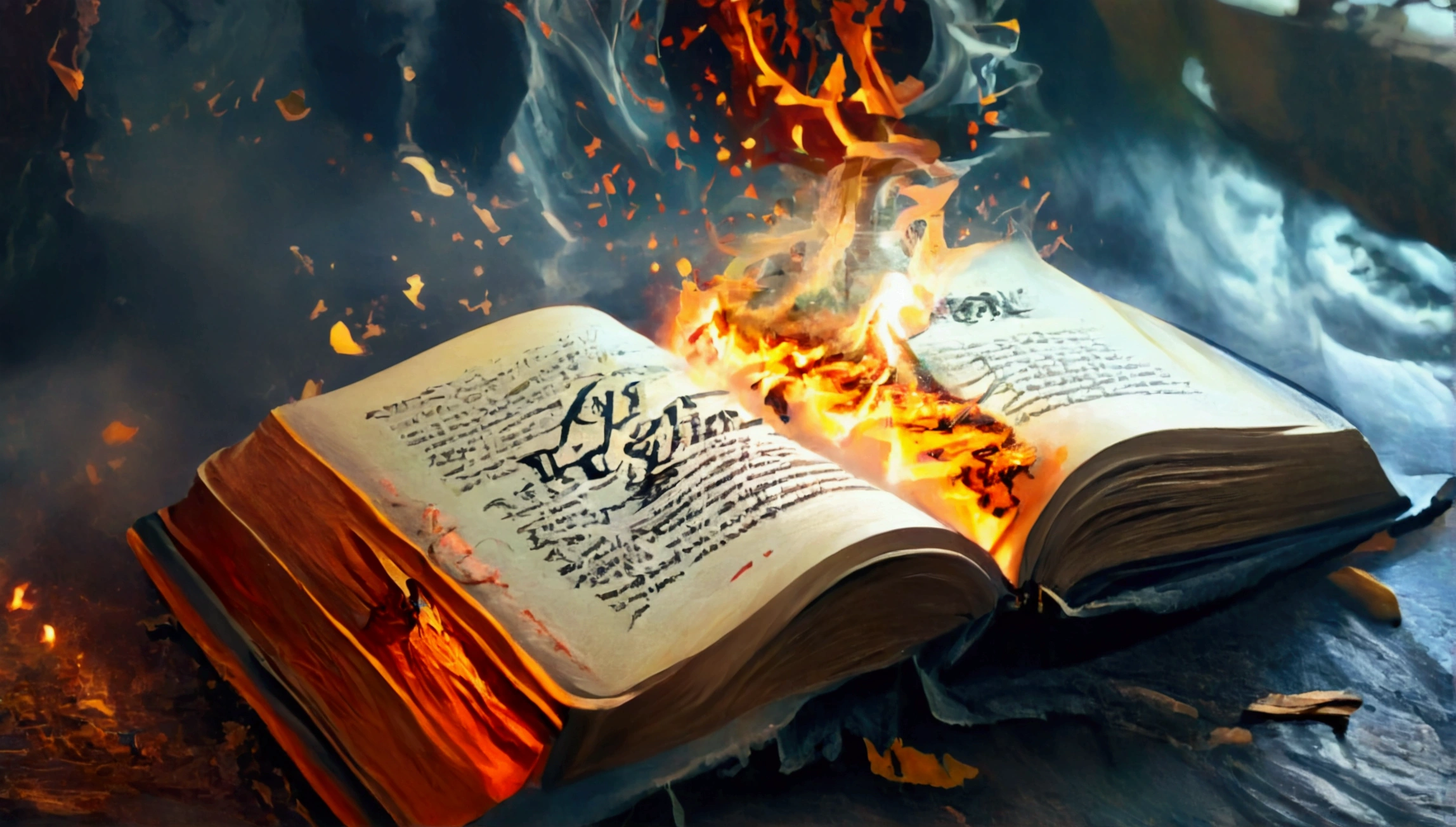 The book of revelation being half way opened and written over it as a title of the picture "The conclusion and the beginning of the book of Revelation"
