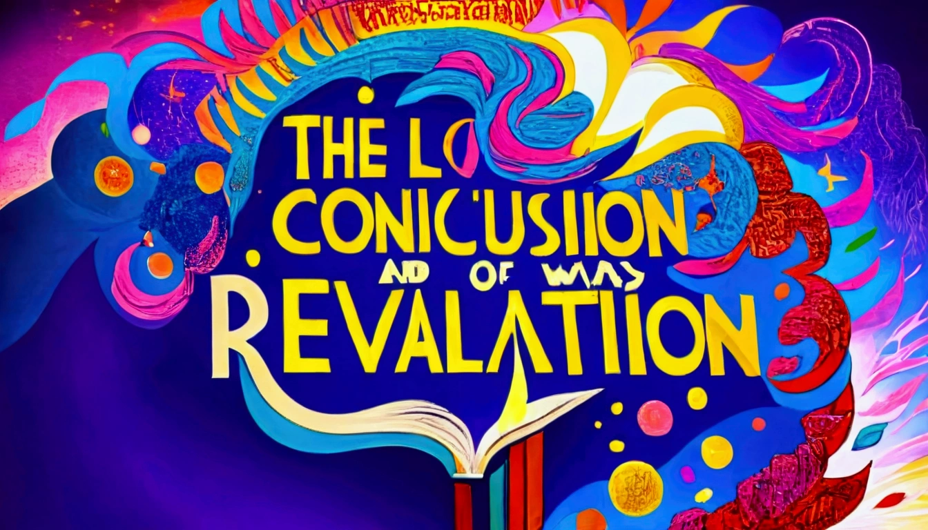 The book of revelation being half way opened and written over it as a title of the picture "The conclusion and the beginning of the book of Revelation"