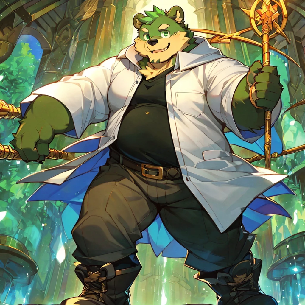 anthro, kemono, male, solo, ((round face, very plump face, thick beard)), (((dark beard))), ((endomorph body type, old-aged, mature)), ((green bear, bear) fluffy fur, fluffy), (high quality, highres, masterpiece), (dynamic lighting, vivid color), (generous smile), (face focus), front view (close up), cartoon, (((green bear))), (((green fur))), green hair, beard, white eyebrows, bald, red eyes, tall, (((hold metal staff, black t-shirt inside, white long coat unhood, gray trousers, boots))) by zixiong, by takemoto arashi, by zixiong, (by null-ghost:0.8), (by t.y.stars:0.4),
