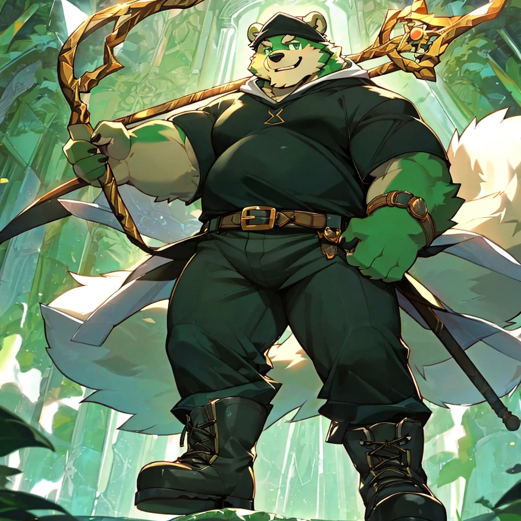 anthro, kemono, male, solo, ((round face, very plump face, thick beard)), (((dark beard))), ((endomorph body type, old-aged, mature)), ((green bear, bear) fluffy fur, fluffy), (high quality, highres, masterpiece), (dynamic lighting, vivid color), (generous smile), (face focus), front view (close up), cartoon, (((green bear))), (((green fur))), green hair, beard, white eyebrows, bald, red eyes, tall, (((hold metal staff, black t-shirt inside, white long coat unhood, gray trousers, boots))) by zixiong, by takemoto arashi, by zixiong, (by null-ghost:0.8), (by t.y.stars:0.4),