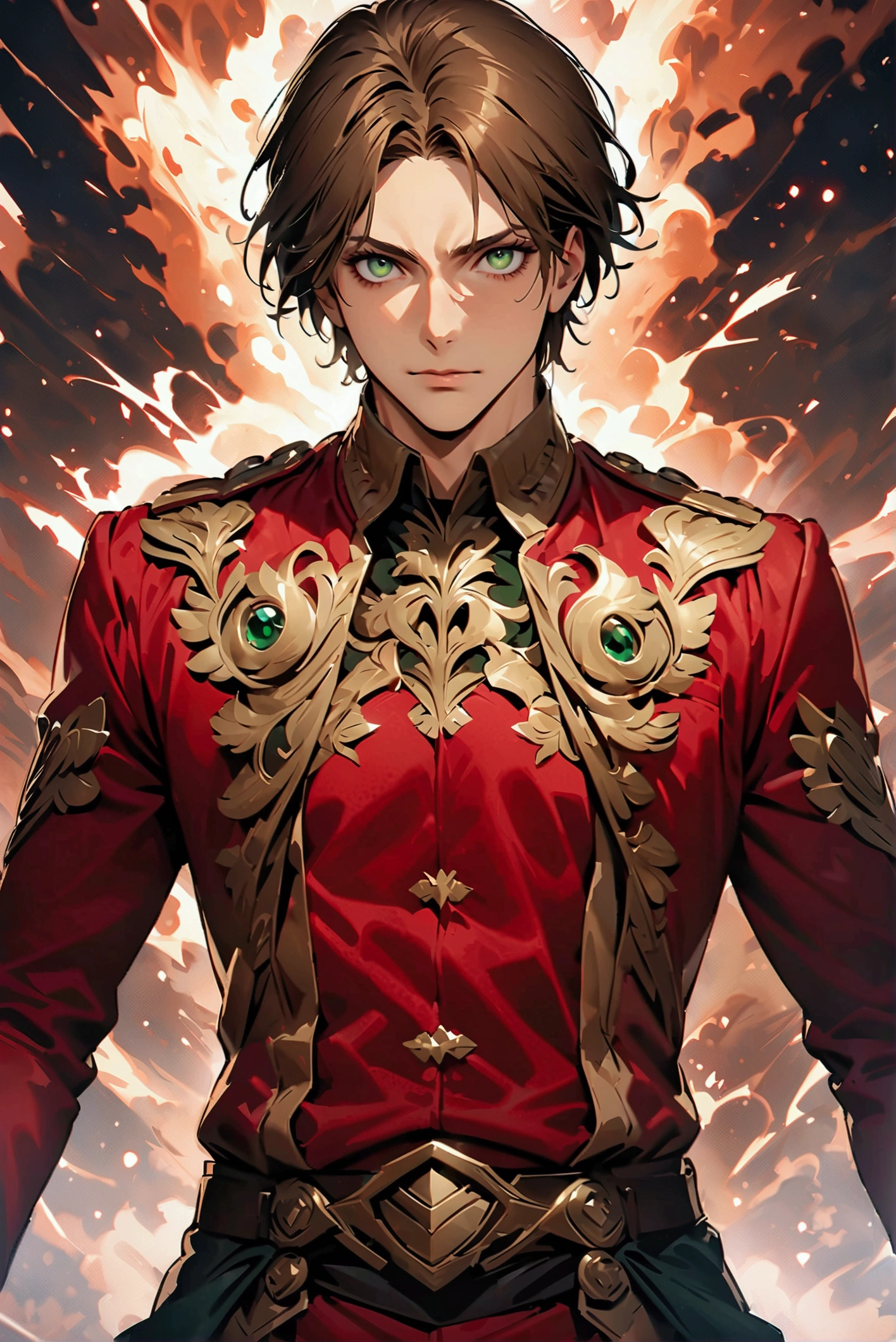 Handsome man in his 20s with long brown hair(1 male,Ellen Yeager)Green Eyes,Attack on Titan,artwork,rendering,(masterpiece:1.3),(Highest quality:1.4),(Very detailedな:1.5),High resolution,Very detailed,unity 8k wallpaper,Decadent,Achieve smooth design