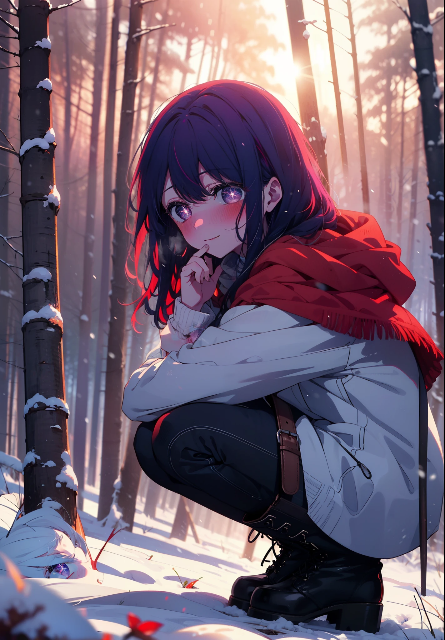 aihoshino, Ai Hoshino, Long Hair, bangs, (Purple eyes:1.1), Purple Hair, (Symbol-shaped pupil:1.5), smile,,smile,blush,White Breath,
Open your mouth,snow,Ground bonfire, Outdoor, boots, snowing, From the side, wood, suitcase, Cape, Blurred, , forest, White handbag, nature, Squat, Mouth closed, Cape, winter, Written boundary depth, Black shoes, red Cape break looking at viewer, Upper Body, whole body, break Outdoor, forest, nature, break (masterpiece:1.2), Highest quality, High resolution, unity 8k wallpaper, (shape:0.8), (Beautiful and beautiful eyes:1.6), Highly detailed face, Perfect lighting, Highly detailed CG, (Perfect hands, Perfect Anatomy),