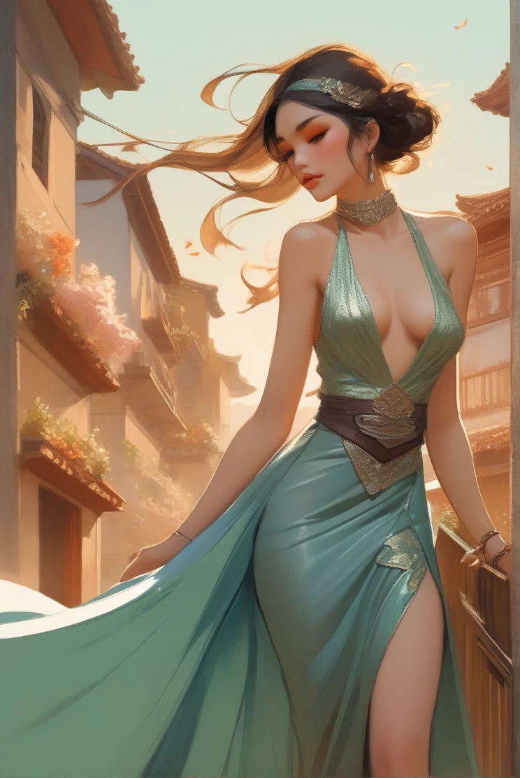 Illustration in styles of Harrison Fisher, Jeremy Mann, Alexandre Cabanel, and Tomer Hanuka, of a stunningly beautiful lady sexy bi boh tits decote em V Escanor girl + Naruto clad in an elegant dress, em seus pés with the contradiction of men's sandália, atmosphere that balances the delicate and the rugged, soft pastel hues for the dress silver Green contrasting their sturdy, leather exterior, textures that interplay tone as if at