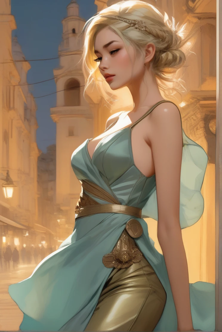 Illustration in styles of Harrison Fisher, Jeremy Mann, Alexandre Cabanel, and Tomer Hanuka, of a stunningly beautiful lady sexy bi boh tits decote em V Escanor girl + Naruto clad in an elegant dress, em seus pés with the contradiction of men's sandália, atmosphere that balances the delicate and the rugged, soft pastel hues for the dress silver Green contrasting their sturdy, leather exterior, textures that interplay tone as if at
