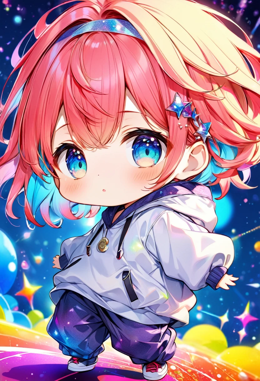 best quality, incredibly absurdres, extremely detailed, 2.5D, delicate and dynamic, chibi, cute girl, wearing baggy clothes, baggy pants, sparkly and vivid color effects, background another dimension
