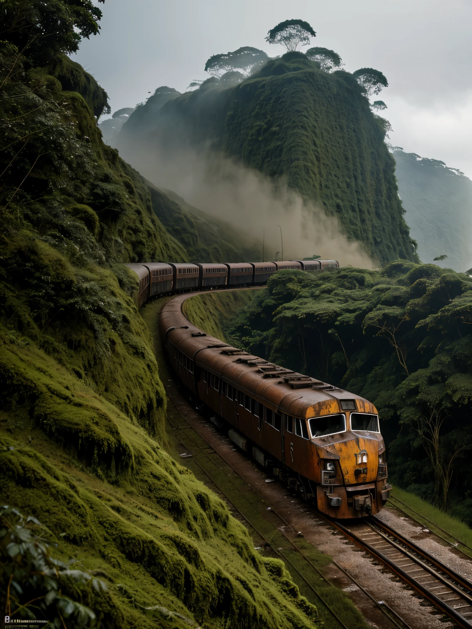 (RAW PHOTO), The rusted long train with the skull of a lion, in the Amazon jungle, on the highest cliff, Moss, fog, details, hyper-realistic, 16k