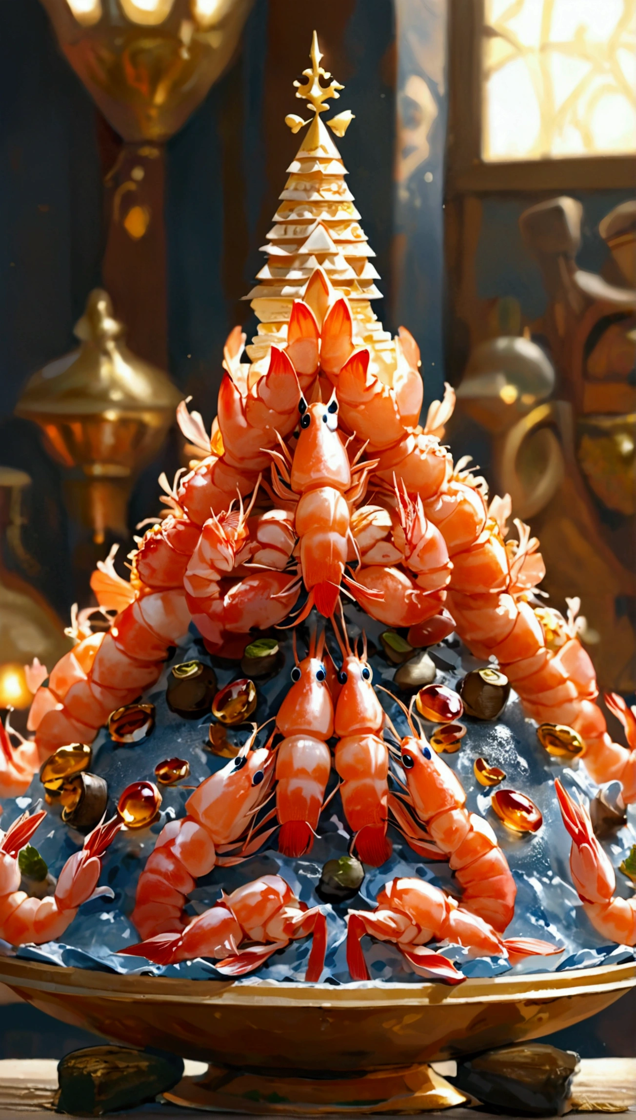Create an illustration that meets the following criteria: -The main ingredient is shrimp - Pyramid-shaped tiered shrimp - At the top are Princess Shrimp and King Shrimp - 3 shrimp entourages on the second level - 5 shrimp maids on the third row - 8 shrimp musicians on the 4th level - 10 shrimp guards on the 5th level