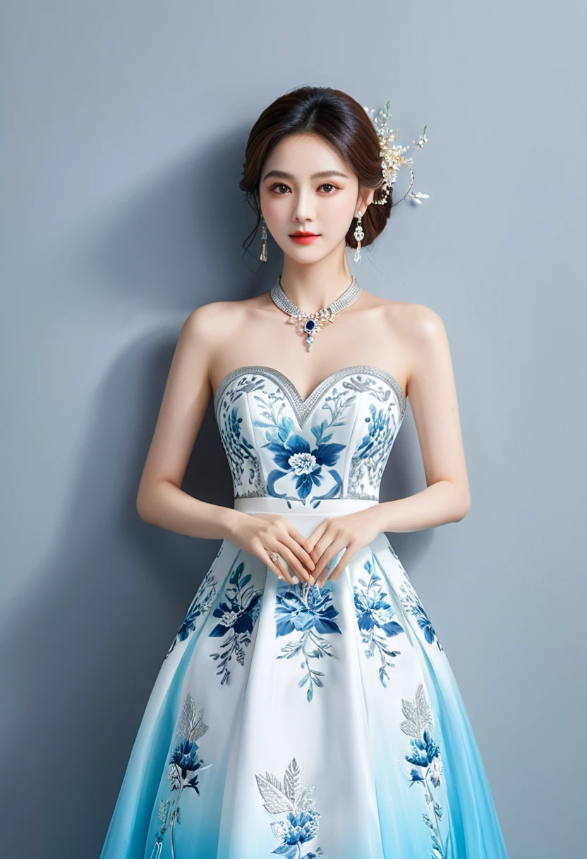 Realistic photo style, whole body 사진에 아름다운 아시아 소녀가 등장합니다., Wearing a unique ethnic style evening gown with delicate skin., bright and lively eyes, Thick eyelashes that look especially attractive. Long dresses are slim and elegant., Eye-catching silver jewelry and alcohol. The high-collar design adds an elegant atmosphere., Color of blue and white porcelain. using light and shadow, The vivid and harmonious appearance of the protagonist is highlighted... whole body, (masterpiece, best quality, professional, perfect composition, very aesthetic, absurd, very detailed, intricate details:1.3)