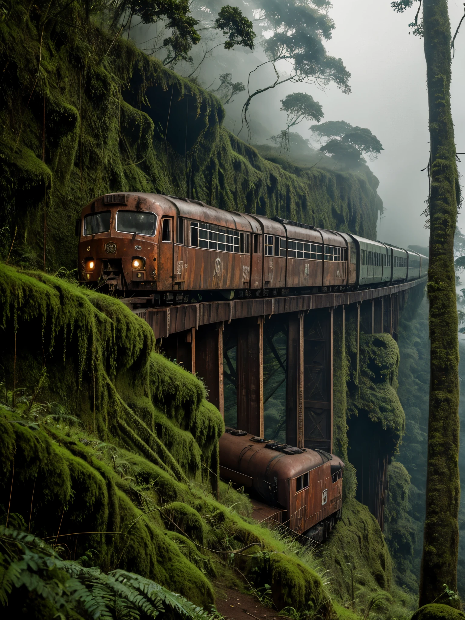 (RAW PHOTO), The rusted long train with the skull of a lion, in the Amazon jungle, on the highest cliff, Moss, fog, details, hyper-realistic, 16k