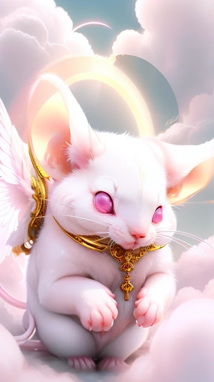 god々Cute white mouse１Animals、Aura of Pink,Looking into the camera、Look here、Background pink、Floating in the clouds