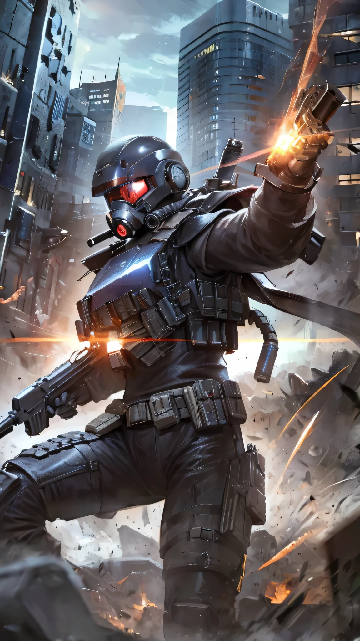 最high quality、Best image quality、masterpiece、Giant Mecha((humanoid、Railgun、Bulletproof vest、Jetpack、Red visor、Run、Chainsaw,Covered in scars,gas mask、Black color、Fighting Pose)）high quality、Beautiful art、background((City、explosion、Smokescreen)),Tabletop、Exquisite design、Visual Arts、Written boundary depth、Best lighting、The finest details、8ｋ