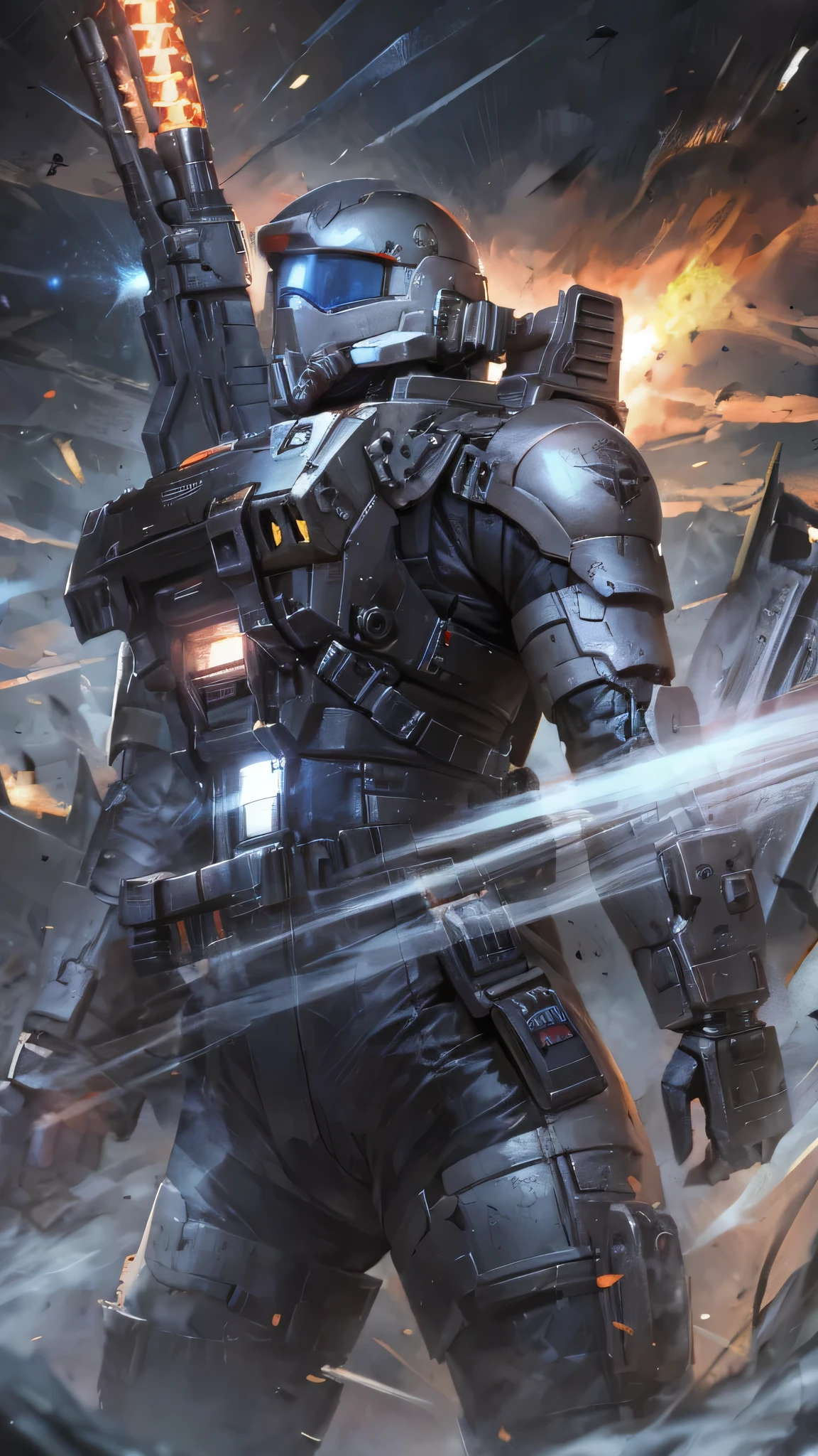 最high quality、Best image quality、masterpiece、Giant Mecha((humanoid、Railgun、Bulletproof vest、Jetpack、Red visor、Run、Chainsaw,Covered in scars,gas mask、Black color、Fighting Pose))high quality、Beautiful art、background((City、explosion、Smokescreen)),Tabletop、Exquisite design、Visual Arts、Written boundary depth、Best lighting、The finest details、8k