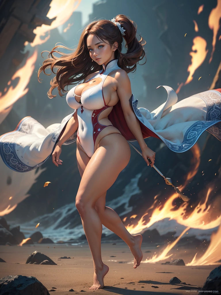 Highly detailed CG unit 8K wallpaper, masterpiece, High resolution, highest quality, highest quality real texture skin, Super Real, Digital Painting, Best image quality, 最High resolution, 8K, (((1 girl))), Very beautiful ager, ((Highly detailed eyes and face)), Beautiful eyes in every detail, (Full Body Shot, profile), white competition swimsuit, one-piece swimsuit, cleavage cutout, sideboob, chinese style embroidery, cape, ((gigantic breasts, sagging breasts, disproportionate breasts, huge breasts, sagging breasts, curvy, erect nipple, ,((tanned skin)), smile, Strong winds, typhoon, light brown hair,