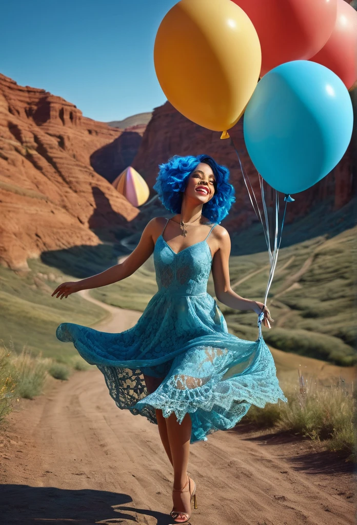 1 beautiful biracial blue haired woman,1 beautiful redhead woman,dancing,detailed full body,lace dresses,large valley,floating balloons,high quality,photorealistic,cinematic lighting,vibrant colors,masterpiece