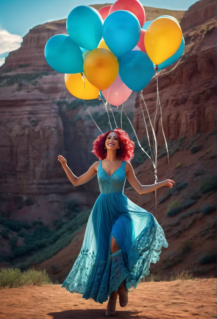 1 beautiful biracial blue haired woman,1 beautiful redhead woman,dancing,detailed full body,lace dresses,large valley,floating balloons,high quality,photorealistic,cinematic lighting,vibrant colors,masterpiece