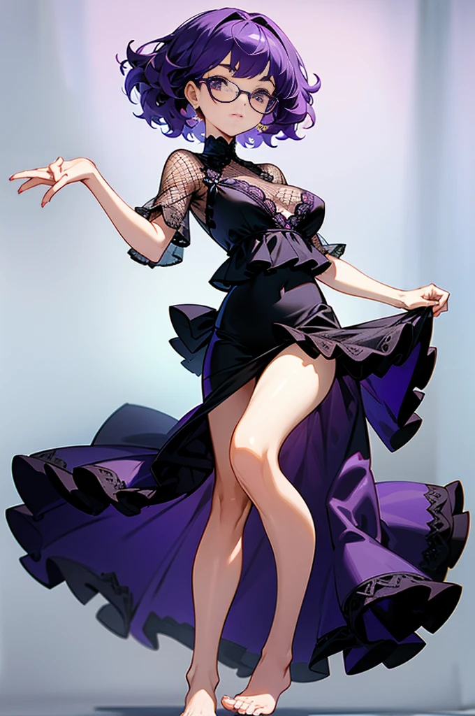 one girl, short very curly purple hair with dark purple strand, glasses, two-piece black color lace flower theme swim outfit, simple detaled, lovable, no background, dynamic pose,, full body ,detaled feet,short blouse with fishnet, flowers,art