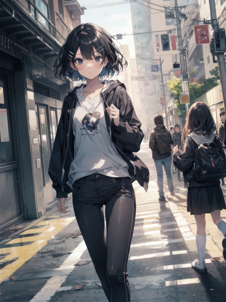 God quality, anime moe artstyle,best anime 8k konachan wallpaper,badass anime 8k,perfect anatomy, (Please draw a girl walking sleepily to school. ),break, 1girl, (Solo,,,13-year-old:1.3),a high school student, Very Short hair,parted bangs,(hair over one eye), Full limbs, complete fingers,medium breasts, groin, Small eyes,finely detailed beautiful black eyes, hairclip, , in the School commute route. break,ultra-detailed,high resolution,super detailed skin, professional lighting,8k eye details, (cute illustration:1.2),