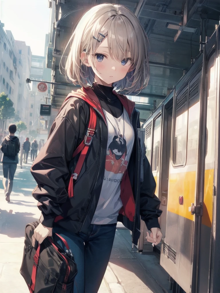 God quality, anime moe artstyle,best anime 8k konachan wallpaper,badass anime 8k,perfect anatomy, (Please draw a girl walking sleepily to school. ),break, 1girl, (Solo,,,-yeld:1.a high school student, Very Short hair,parted bangs,(hair over one eye), Full limbs, complete fingers,medium breasts, groin, Small eyes,finely detailed beautiful black eyes, hairclip, , in the School commute route. break,ultra-detailed,high resolution,super detailed skin, professional lighting,8k eye details, (cute illustration:1.2),