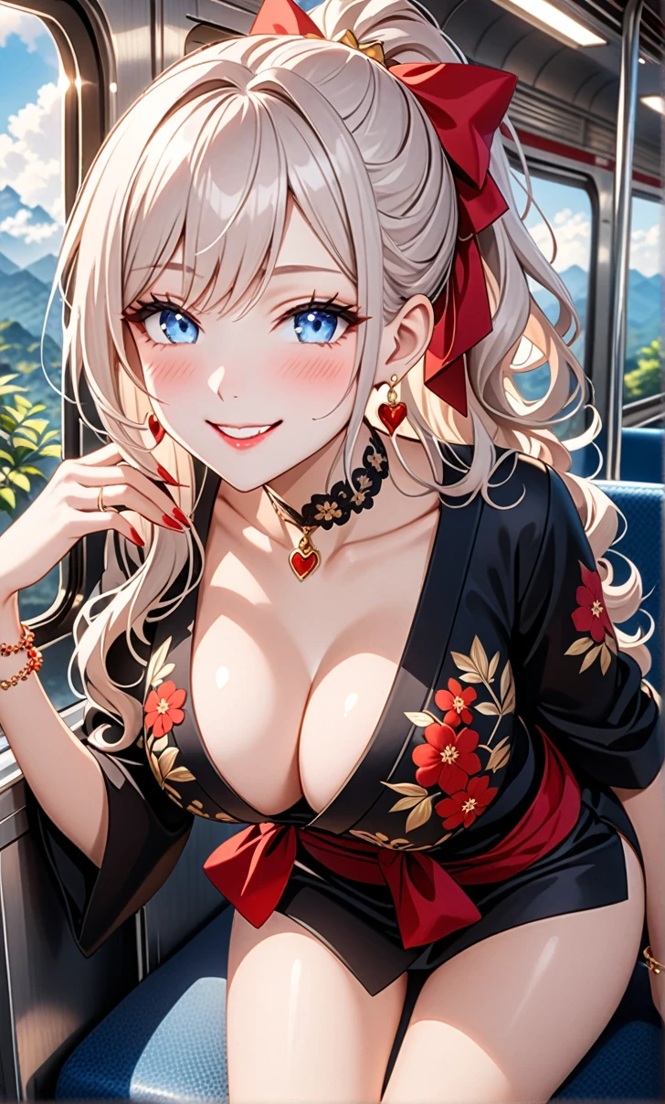 ultra-detailed, ((one girl)), (nsfw:1.4), (pale skin:1.4), in pastel colors gyaru, (heavy makeup), hyper detailed, absurdres, 8K, Beautiful Face, (Laugh shyly), ((teasing smile:1.8)), ((Wink:1.6)), (Laugh with your mouth wide open),((Tilt your face:1.6)), View your viewers, ((full-face blushed:1.5)),Glossy Red Lips, ((Big Breasts:1.6)), ((undressing:1.3)), noon, on the train, (Brighten your face), ((Anime style background)),masterpiece, Highest quality, so beautiful,Latest, Complex details, (Red long nails), (nail art), (ring),(bracelet), (Floral Choker),AI-generated, Complex,High resolution, Highest quality, super high quality,3D Images、3D Images,One person,Long white hair,(High Ponytail), (wavy hair:1.3), White haired anime woman posing for a photo, ((Fine grain、blue eyes、glowing eyes:1.5)), (Squint your eyes:1.1),a hyperRealistic , hyperRealistic , Realistic,Anime woman with long white hair, Smooth anime CG art, (A girl in a gorgeous black kimono), ((Black furisode:1.3)), (Gold embroidery), (Red floral embroidery),Red long flower hair ornament,Floral Earrings,Mature Body, tall,Narrow waist, ((Sit in the seat)), ((leaning forward:1.5)),  (from above), ((face waiting for kiss:1.6)),