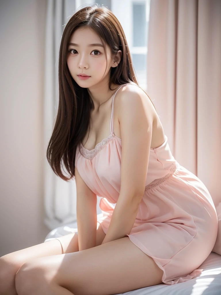White Room、Salmon pink chiffon dress、(Highest quality)、((Very detailed))、4K、(8K)、masterpiece、Very detailedな、Highest quality、Super Resolution、1 person、Kind Face、Soft Light、RAW quality、Soft Skin、163cm、30 years old、Thighs