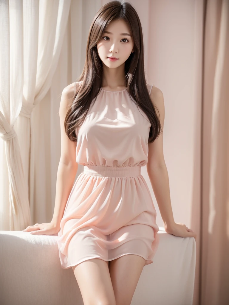 White Room、Salmon pink chiffon dress、(Highest quality)、((Very detailed))、4K、(8K)、masterpiece、Very detailedな、Highest quality、Super Resolution、1 person、Kind Face、Soft Light、RAW quality、Soft Skin、163cm、30 years old、Thighs