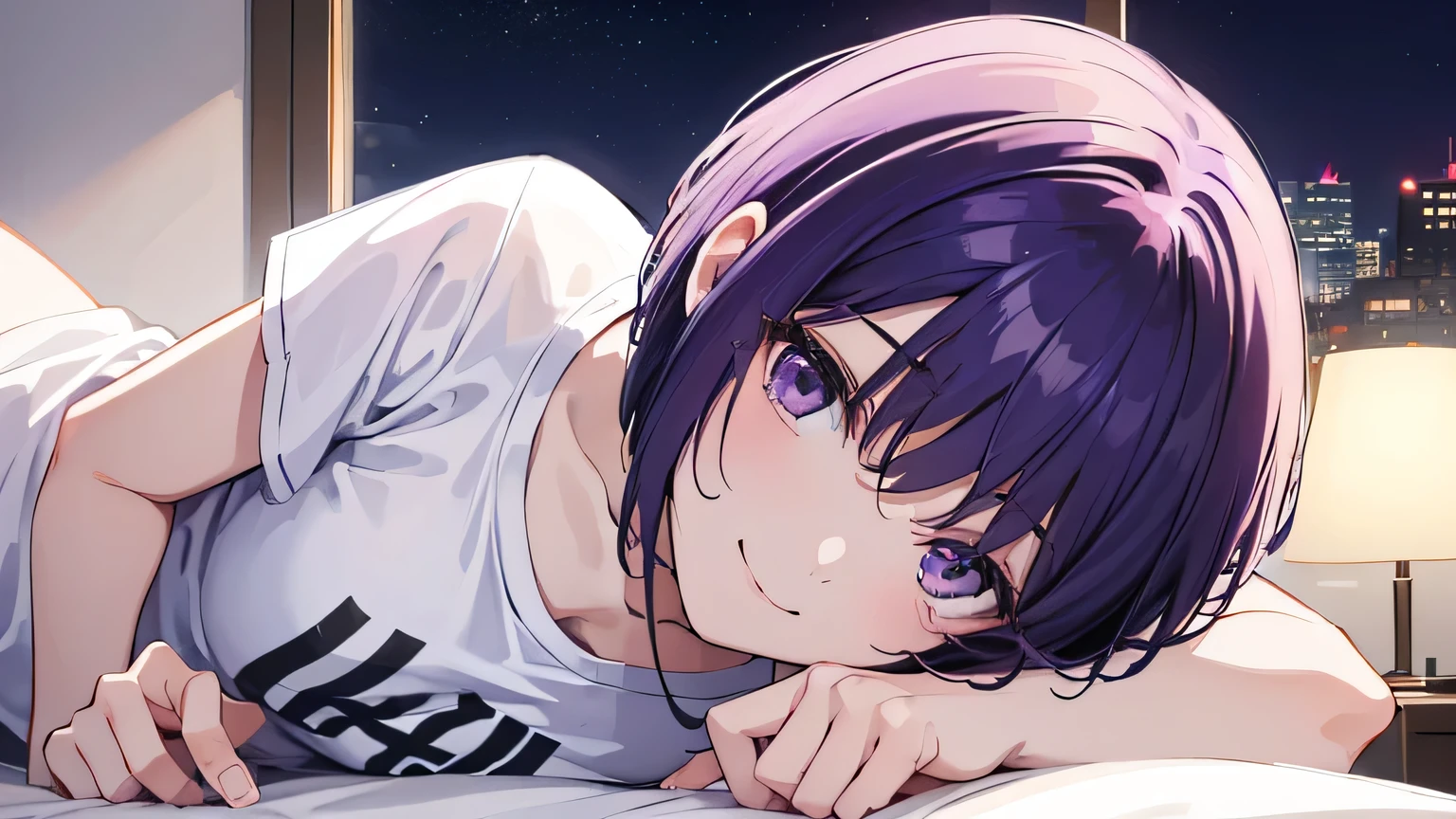 (T Masterpiece,4k wallpaper,Best Quality))、((girl1people))、(solo)、Bright and Brilliant,(Purple Hair)、(short hair:1.3)、smile、Bedroom、T-Shirts、night