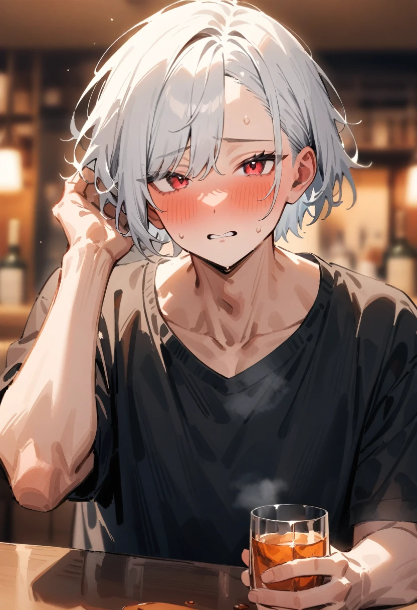 masterpiece, best quality, very aesthetic, absurdres, newest, 1boy, asymmetrical bangs, solo, looking at viewer, blush, drunk, bangs, red eyes, holding, upper body, very short hair, white hair, short sleeves, male focus, parted lips, indoors, blurry, cup, blurry background, holding cup, alcohol, drinking glass, hand in own hair,