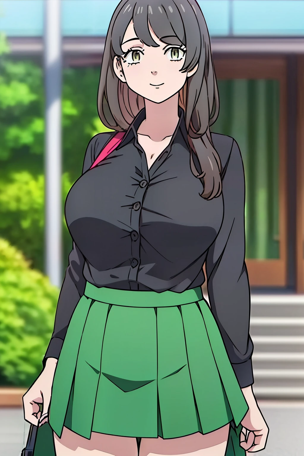 1 girl(whole body, regularly large breasts), tokyo avengers, black hair (dark jet) long un poco desordenado(beautiful black hair),(with square bangs, long) , emerald eye color ( seawater green) a piercing in the left ear, outfit (school uniform),black color(shirt, Skirt, black)(red details) ,(a calm look) and beautiful smile ( Perfect picture)(4K quality) 