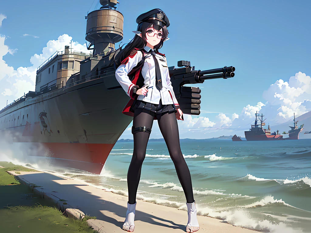 (((masterpiece, Vision))), ((((Full body of a woman with perfect flat chest、1 Female、solo、Short unkempt black hair、Tie your messy hair at the nape of your neck、white military jacket、Miko costume、black tights、Black glasses are black、White military cap、Cloudy black eyes、Confused eyes、Junyo-inspired emblem)))), (((Shipgirl))), ((Floating on the morning sea with both feet)), (Standing with your legs apart)), Aim, (Hold the shotgun turret grip with your right hand), (Four mechanical tentacles covered in white armor extend from its back.), (Holding a shotgun with metal tentacles), (Equipped with a bridge on the back), (His left arm holds the grip of a triple-barreled shotgun),