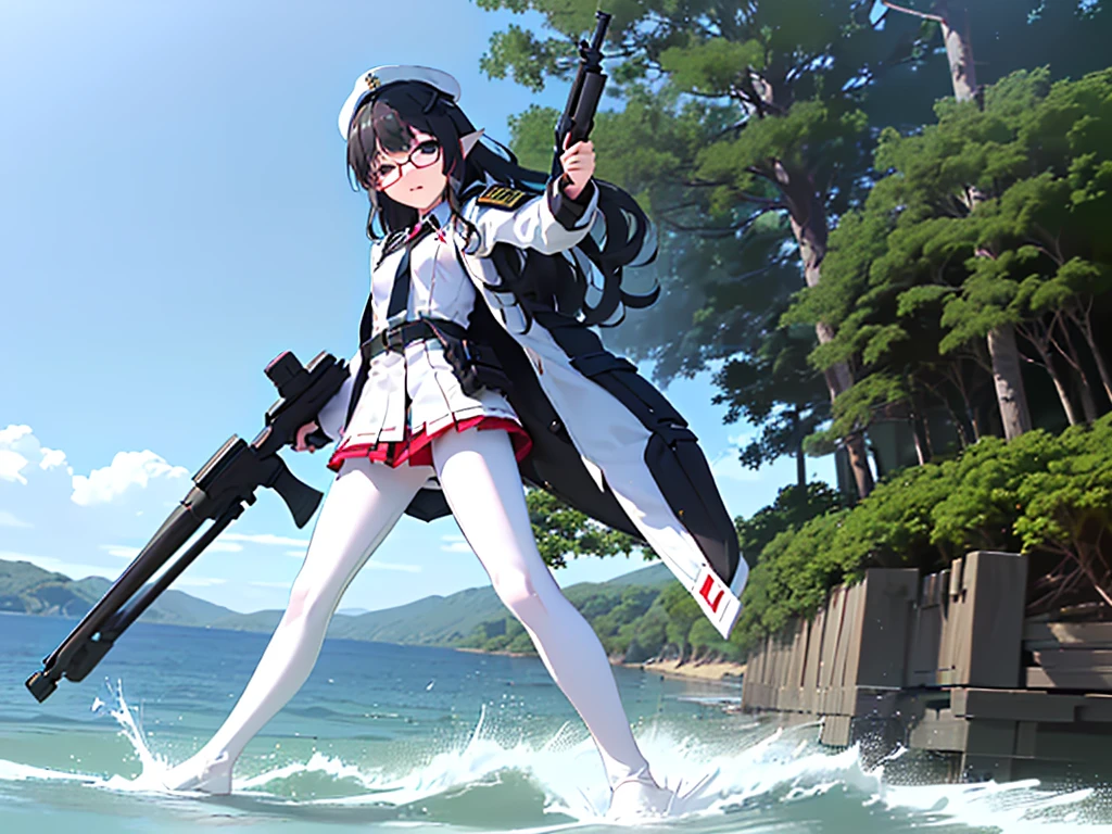 (((masterpiece, Vision))), ((((Full body of a woman with perfect flat chest、1 Female、solo、Short unkempt black hair、Tie your messy hair at the nape of your neck、white military jacket、Miko costume、black tights、Black glasses are black、White military cap、Cloudy black eyes、Confused eyes、Junyo-inspired emblem)))), (((Shipgirl))), ((Floating on the morning sea with both feet)), (Standing with your legs apart)), Aim, (Hold the shotgun turret grip with your right hand), (Four mechanical tentacles covered in white armor extend from its back.), (Holding a shotgun with metal tentacles), (Equipped with a bridge on the back), (His left arm holds the grip of a triple-barreled shotgun),