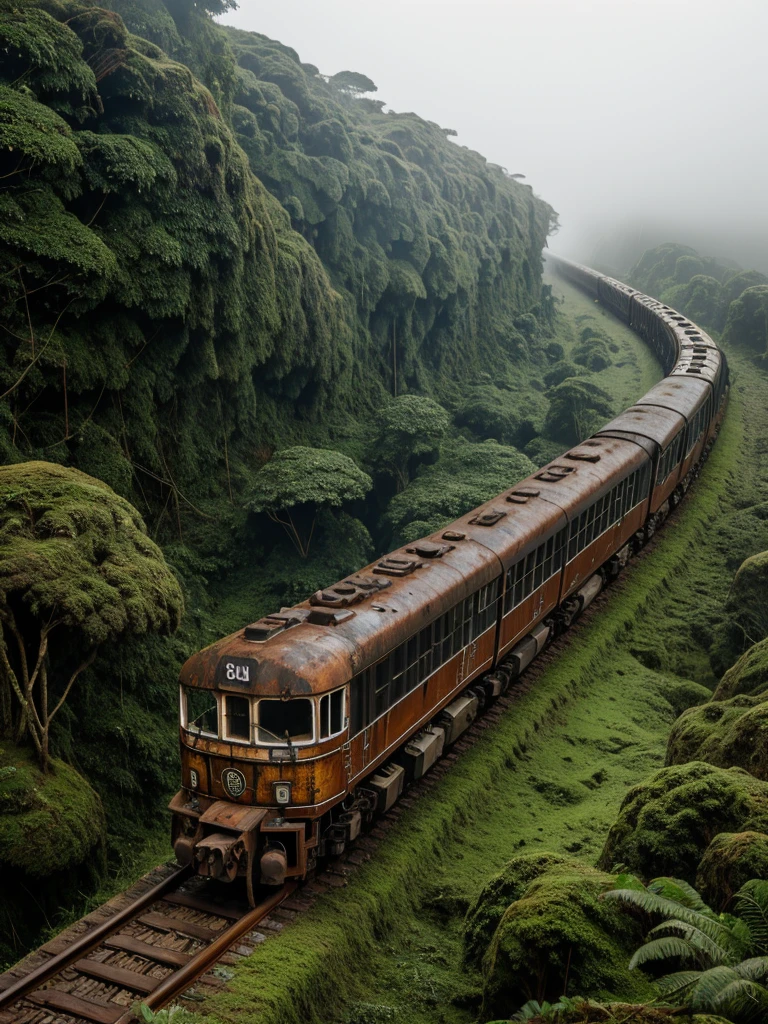 (RAW PHOTO), The rusted long train with the skull of a lion, in the Amazon jungle, on the highest cliff, Moss, fog, details, hyper-realistic, 16k