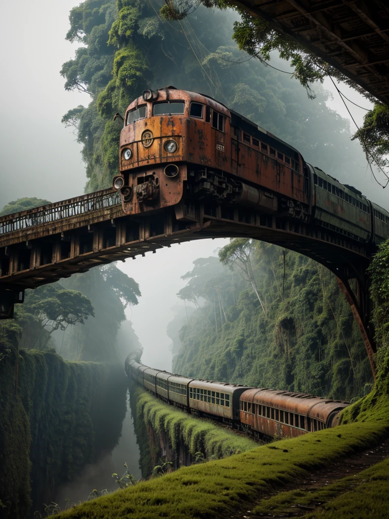 (RAW PHOTO), The rusted long train with the skull of a lion, in the Amazon jungle, on the highest cliff, Moss, fog, details, hyper-realistic, 16k