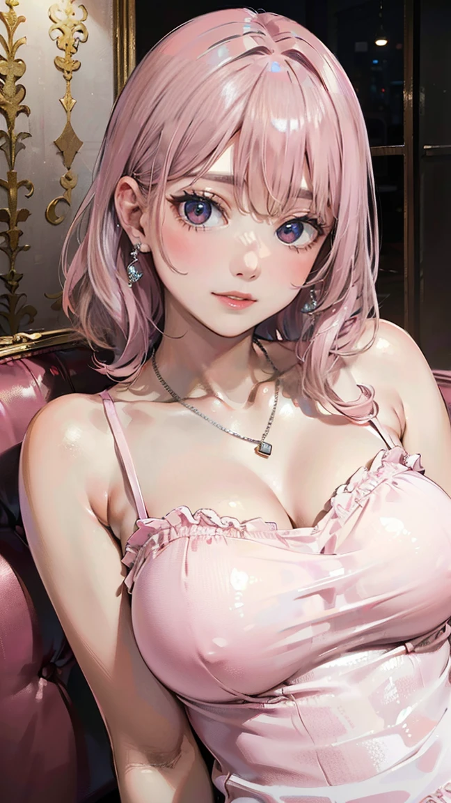 (Masterpiece, BestQuality:1.3), (ultra detailed:1.2), (hyperrealistic:1.3), (RAW photo:1.2), High detail RAW color photo, professional photograph, (Photorealistic:1.4), (realistic:1.4), (Pink Hair:1.5), professional lighting, perfect anatomy, (Big Breasts:1.2), (blush, detailed face), (cheerful Smile:1.5), Trending Hair&Trending Hairカラーをランダムに, earrings, necklace, bracelet, sexly, erotic sexly, Random sexy gravure poses, (In the hotel lounge、A beautiful woman wearing a pink silk camisole sits on a sofa and smiles。The background is a luxurious lounge、Accessory: silver necklace。:1.3)