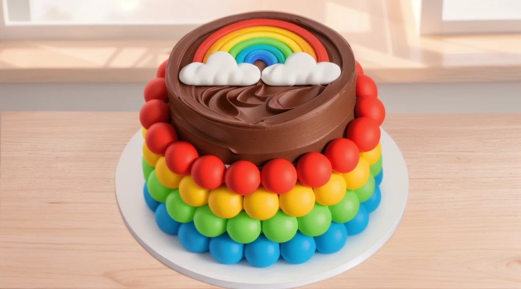 on a wooden table, on a white plate, a chocolate cream cake, candy candies around the cake, a cloud and a rainbow made of polymer clay on the cake, window light, bright lights, soft light, window light, professional lighting, light from the window, neat light, realistic texture, realistic style, detailed texture, high quality, high resolution, high quality rendering, realistic photo, brightning light, macro photo