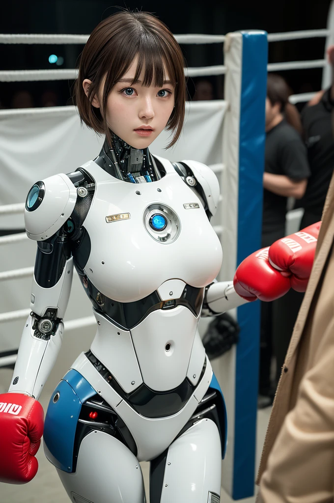 masterpiece, best quality, extremely detailed, Japanese android girl,Plump ,control panels,robot arms,robot,android,cyborg,white robot body,ceramic body,perfect robotgirl,blunt bangs,boxer,glove,boxing ring,blue eyes