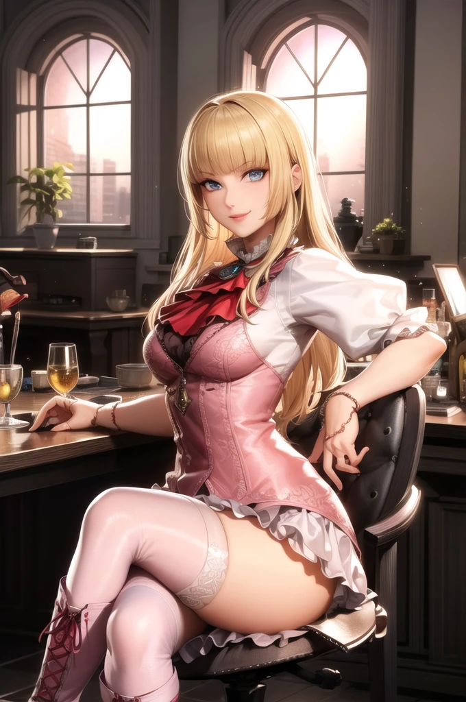perfect eyes:1.2, detailed eyes:1.4, Emilie T8, blunt bangs, blue eyes, long hair, blonde hair, thighhighs, lace-up boots, pink frilled dress, frilled ascot, fingerless gloves, smile, red eyeshadow:1.2, makeup:1.2, cowboy shot, 1girl, solo, (masterpiece:1.6, best quality), 8k, insane details, intricate details, hyperdetailed, hyper quality, high detail, ultra detailed, professional, HDR, ray tracing reflection, cinematic lighting,