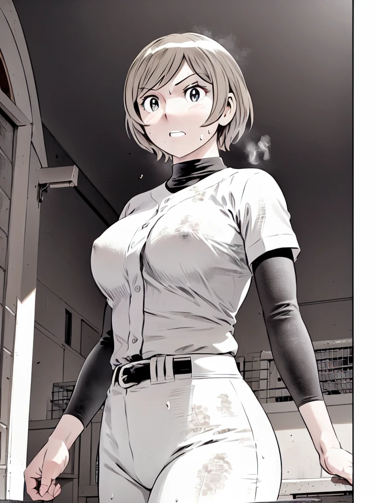 (野球uniform:1.2),
blonde, (short hair:1.2),Long sleeve, Black Shirt, turtleneck,White trousers、uniform、Black belt、((Illustration of a person))、big 、Muddy、Soil stains、ドロドロのuniform、
View your audience,, (Highest quality:1.3),One Girl, White pants、uniform、Outdoor、baseball ground、ground、soil、blue eyes、Tight black shirt、(masterpiece、Highest quality)、Highest quality, Ultra-high resolution, (((masterpiece))), alone, Sweat、big eyes、big Breasts、Torn clothes、 Fully exposed、Nipples、One Girl, Front view、Embarrassed face、Bronze colored hair、((short hair))、Stand up straight、Cowboy Shot