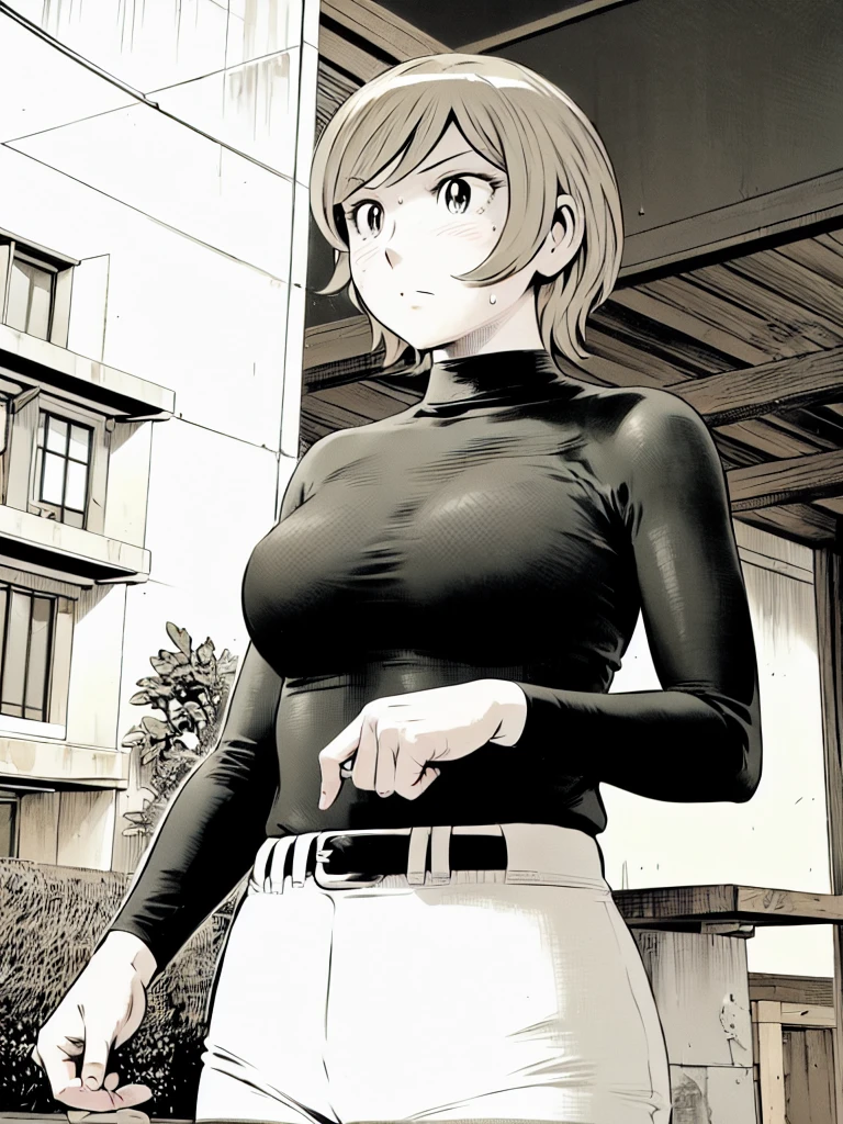 (野球uniform:1.2),
blonde, (short hair:1.2),Long sleeve, Black Shirt, turtleneck,White trousers、uniform、Black belt、((Illustration of a person))、big 、Muddy、Soil stains、ドロドロのuniform、
View your audience,, (Highest quality:1.3),One Girl, White pants、uniform、Outdoor、baseball ground、ground、soil、blue eyes、Tight black shirt、(masterpiece、Highest quality)、Highest quality, Ultra-high resolution, (((masterpiece))), alone, Sweat、big eyes、big Breasts、Torn clothes、 Fully exposed、Nipples、One Girl, Front view、Embarrassed face、Bronze colored hair、((short hair))、Stand up straight、Cowboy Shot