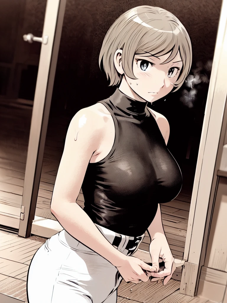 (野球uniform:1.2),
blonde, (short hair:1.2),Long sleeve, Black Shirt, turtleneck,White trousers、uniform、Black belt、((Illustration of a person))、big 、Muddy、Soil stains、ドロドロのuniform、
View your audience,, (Highest quality:1.3),One Girl, White pants、uniform、Outdoor、baseball ground、ground、soil、blue eyes、Tight black shirt、(masterpiece、Highest quality)、Highest quality, Ultra-high resolution, (((masterpiece))), alone, Sweat、big eyes、big Breasts、Torn clothes、 Fully exposed、Nipples、One Girl, Front view、Embarrassed face、Bronze colored hair、((short hair))、Stand up straight、Cowboy Shot