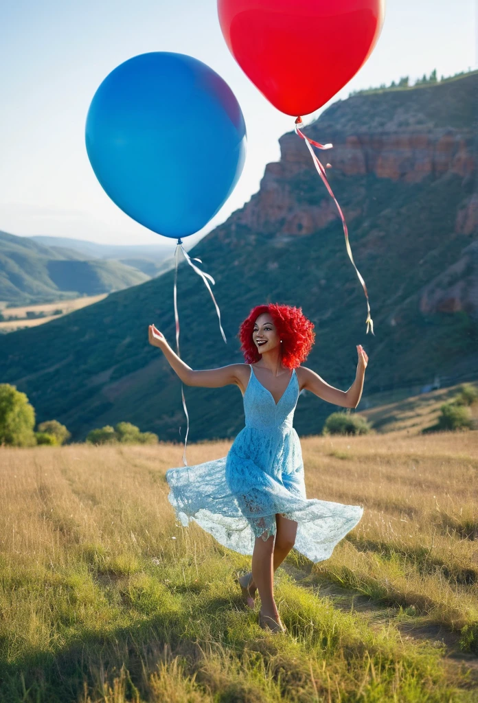 1 Beautiful biracial blue hair woman with 1 beautiful red head woman, dancing, full body, lace dress, in large valley, lot of ballons float around,