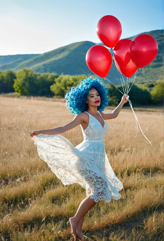 1 Beautiful biracial blue hair woman with 1 beautiful red head woman, dancing, full body, lace dress, in large valley, lot of ballons float around,